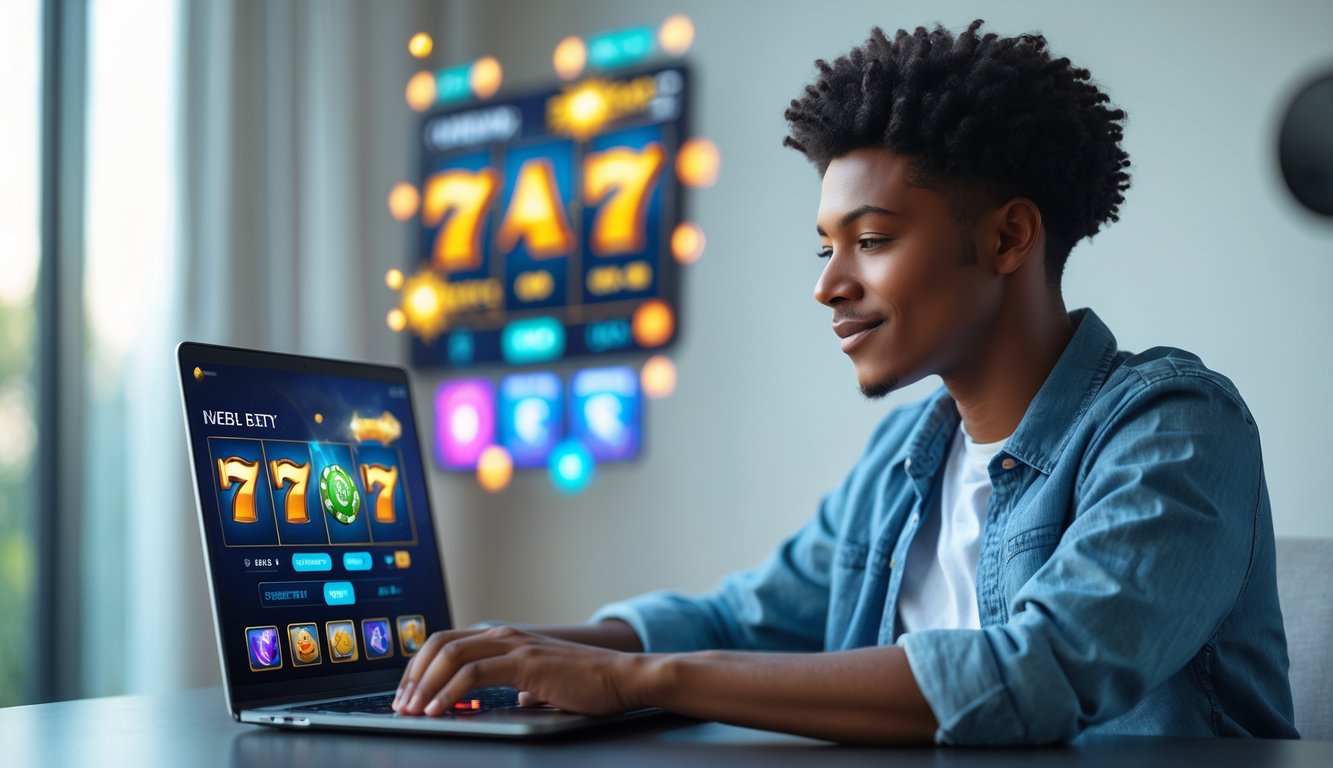 Seorang dewasa muda bermain permainan slot online di laptop di ruangan modern yang terang.