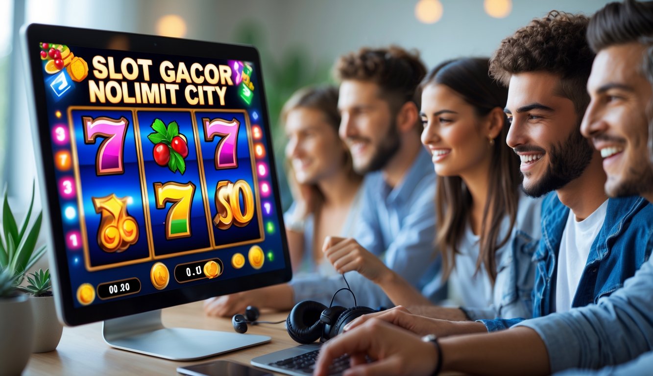 Beberapa orang muda yang antusias bermain permainan slot online di komputer dengan grafik warna-warni di layar.