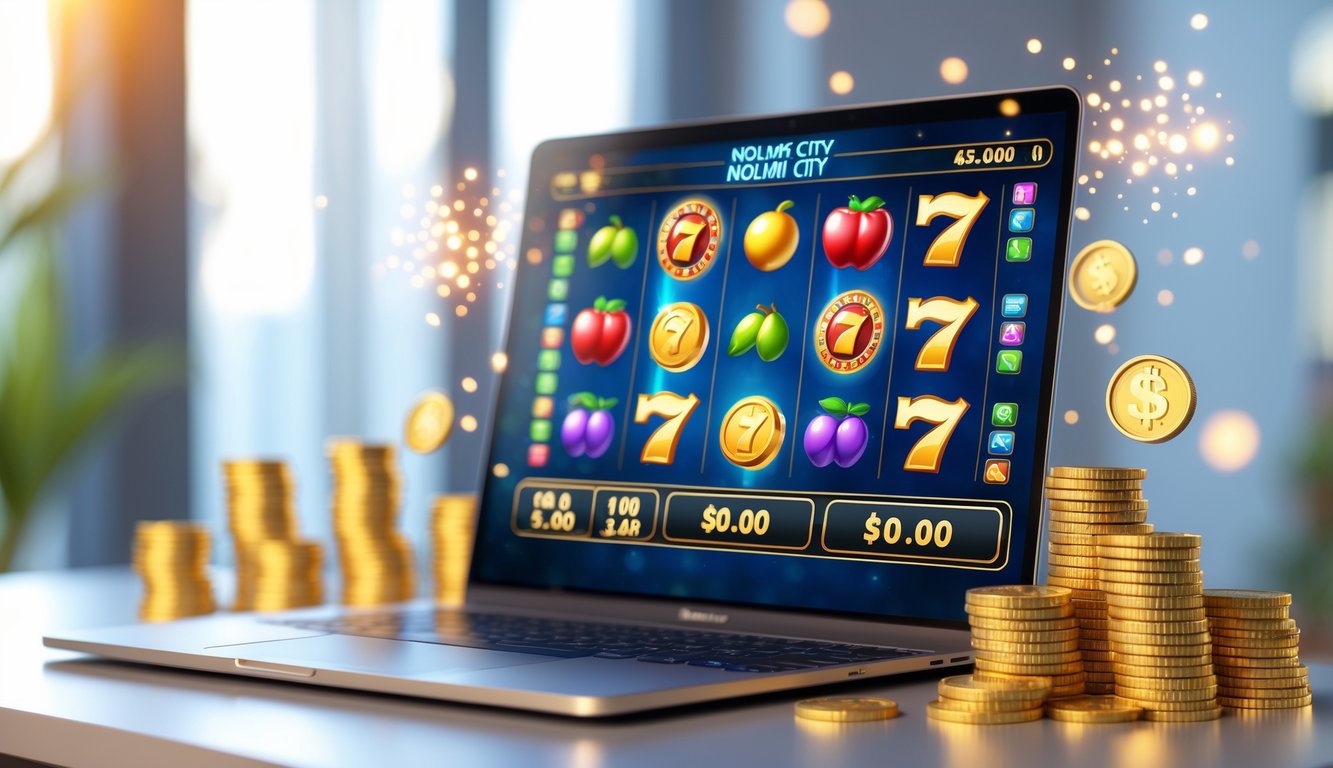 Layar komputer menampilkan permainan slot online dengan simbol berwarna-warni dan koin emas berkilauan di sekitarnya.