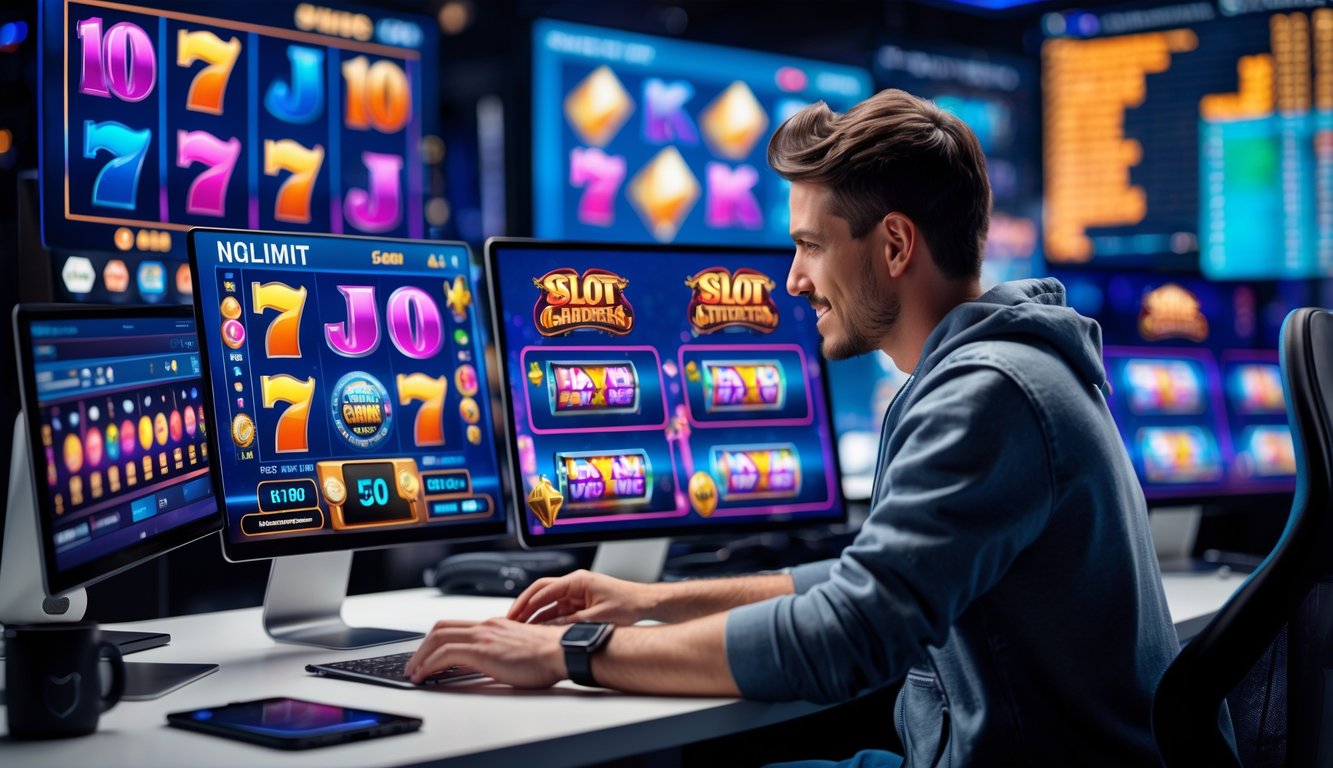 Seseorang menggunakan komputer dengan layar yang menampilkan permainan slot online yang berwarna-warni di sebuah ruang kerja modern.