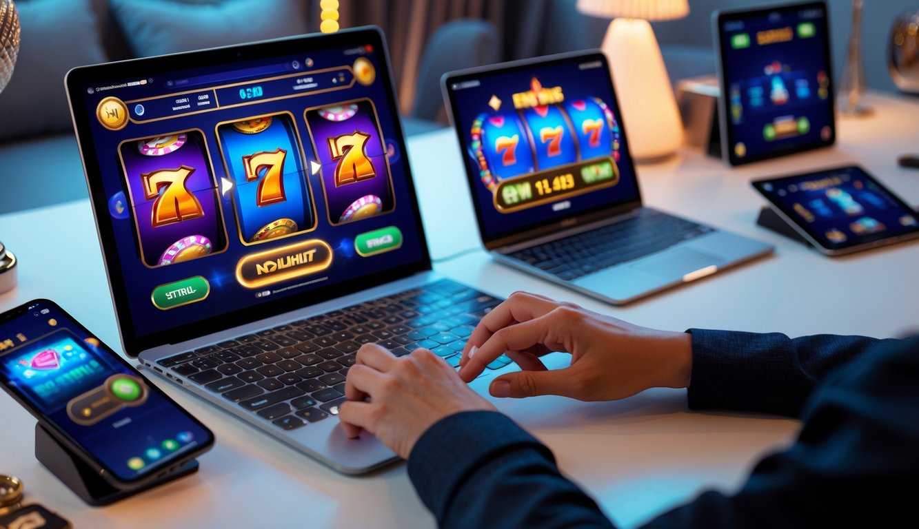 Seseorang menggunakan perangkat digital untuk bermain slot online dengan tampilan permainan yang berwarna-warni di meja kerja yang rapi.