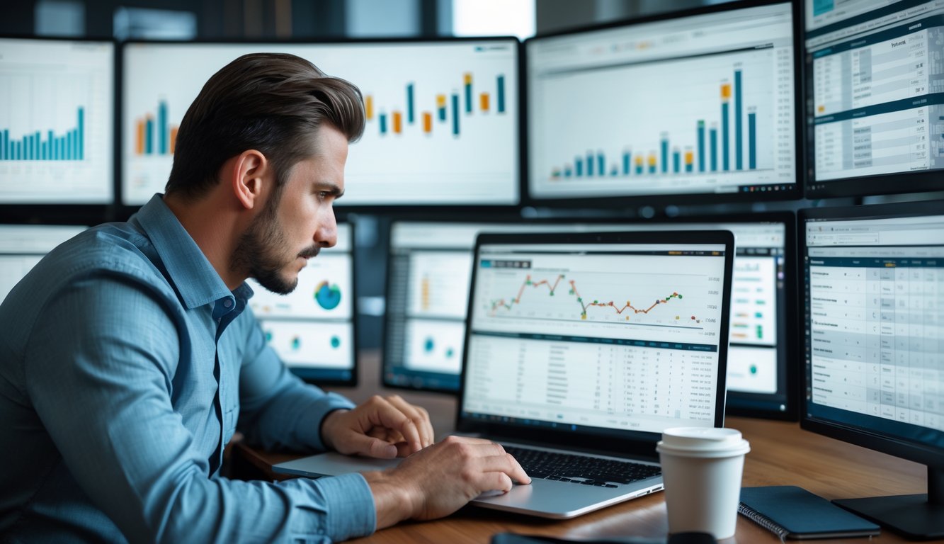 Seorang pria fokus melihat layar laptop di kantor modern dengan beberapa monitor menampilkan grafik dan data.