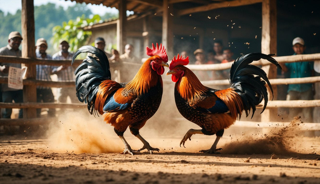 Dua ayam jago sedang bertarung di arena sabung ayam dengan penonton yang memperhatikan di sekitarnya.