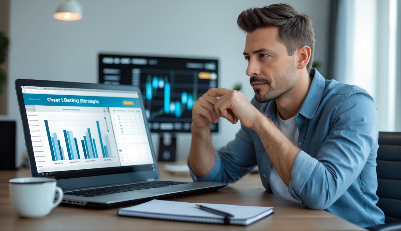 Seorang pria duduk di depan laptop di ruang kerja modern, terlihat fokus menganalisis data dan strategi taruhan.