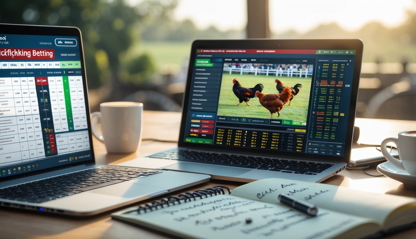 Meja kerja dengan laptop, buku catatan, ponsel menampilkan pertandingan sabung ayam, dan secangkir kopi.
