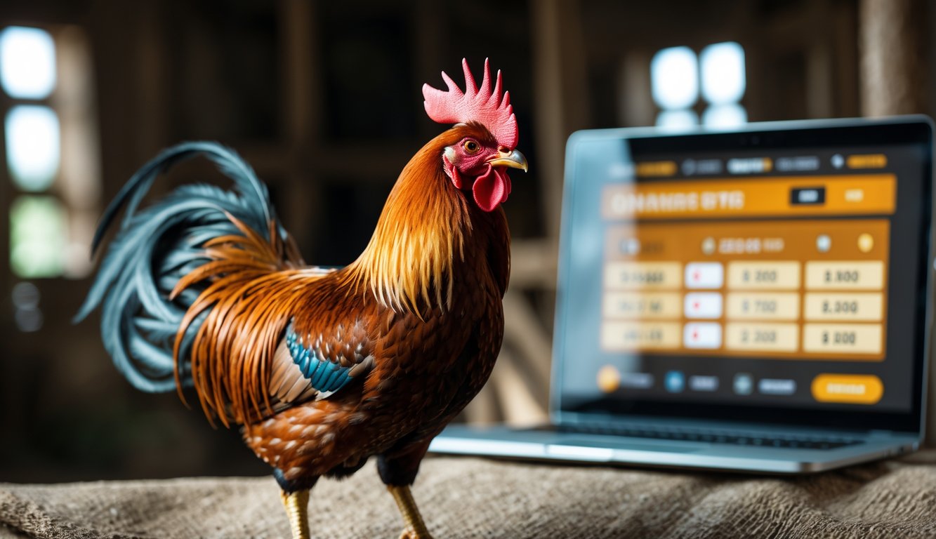 Seekor ayam jantan sehat berdiri di latar alami dengan perangkat digital menampilkan aktivitas taruhan online di belakangnya.