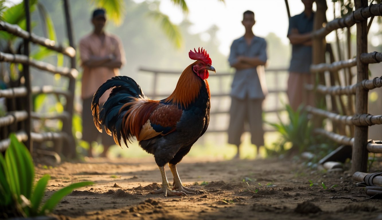 Seekor ayam jantan berdiri di tanah dengan latar belakang pagar bambu dan beberapa pria yang mengamati ayam tersebut.