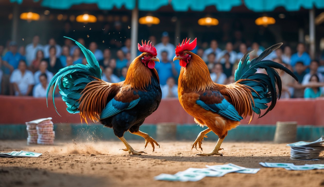 Dua ayam jago sedang bertarung di arena dengan penonton di latar belakang yang terlihat antusias.