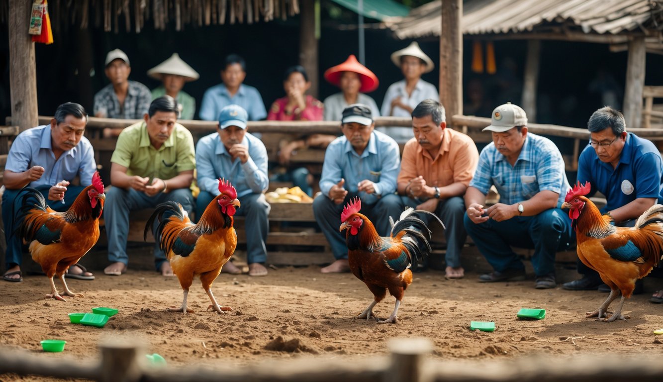 Sekelompok orang serius mengamati pertarungan ayam jago di arena tradisional dengan suasana penuh konsentrasi dan latar belakang penonton lokal.