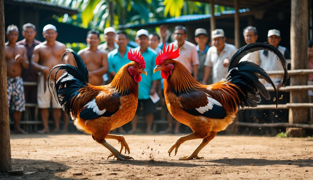 Dua ayam jago sedang bertarung di arena luar ruangan dengan sekelompok orang yang menonton dengan serius di sekitarnya.