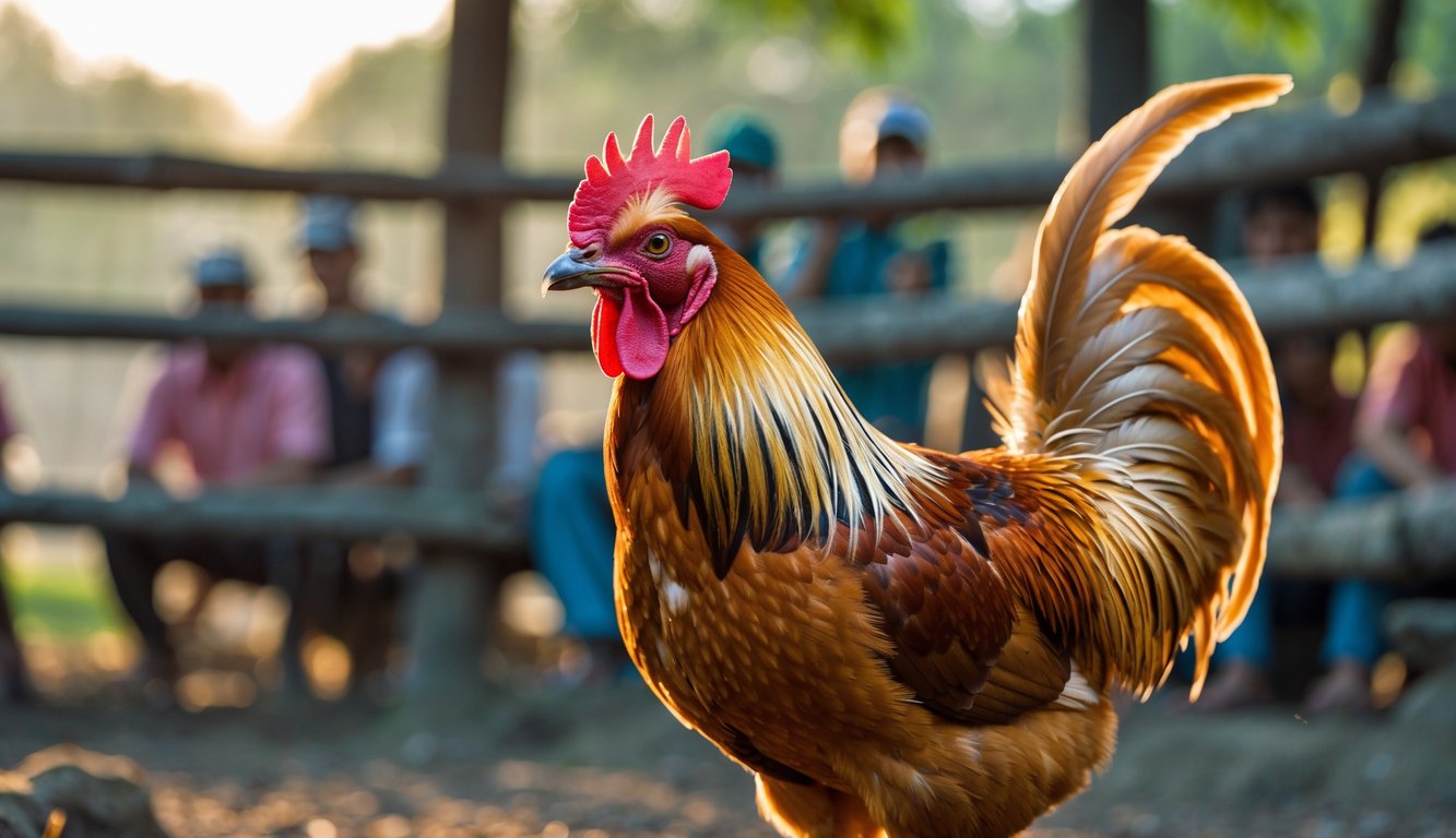 Seekor ayam jago berdiri di luar ruangan dengan latar belakang samar-samar orang-orang yang mengamati.
