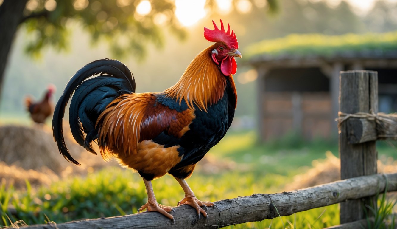 Seekor ayam jantan yang sehat dan berwarna cerah berdiri di atas pagar kayu di lingkungan pedesaan dengan latar belakang kandang dan pepohonan.