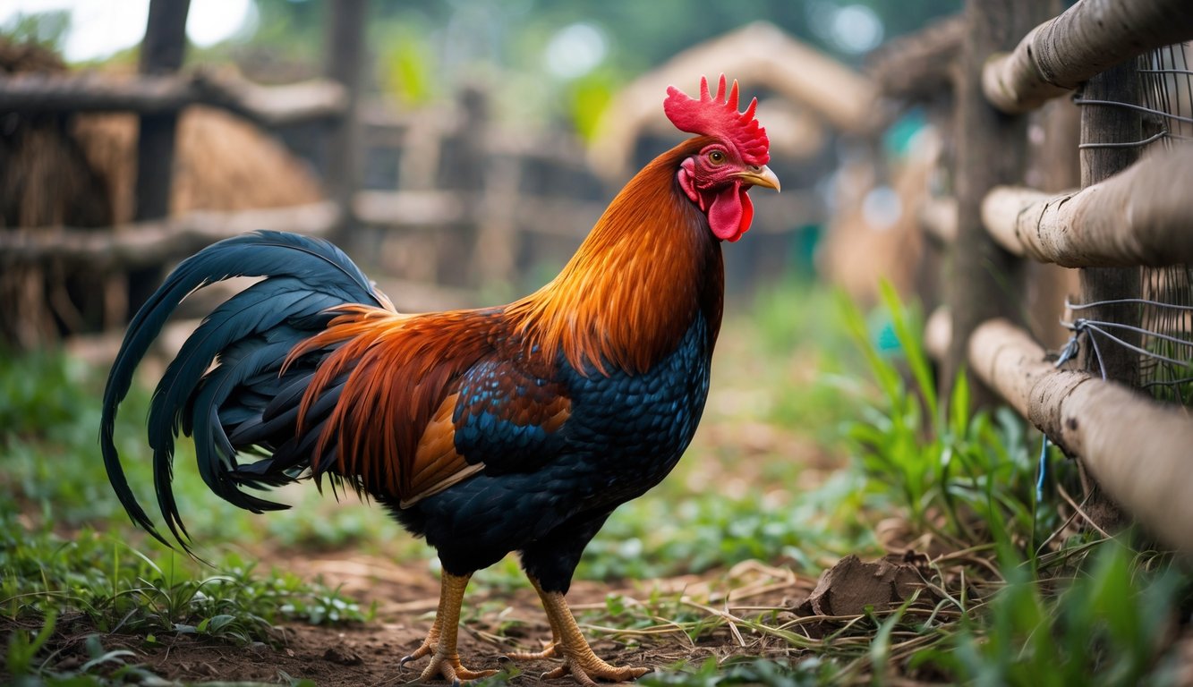 Seekor ayam jantan sehat dan waspada berdiri di halaman peternakan dengan latar pagar kayu dan rumput hijau.