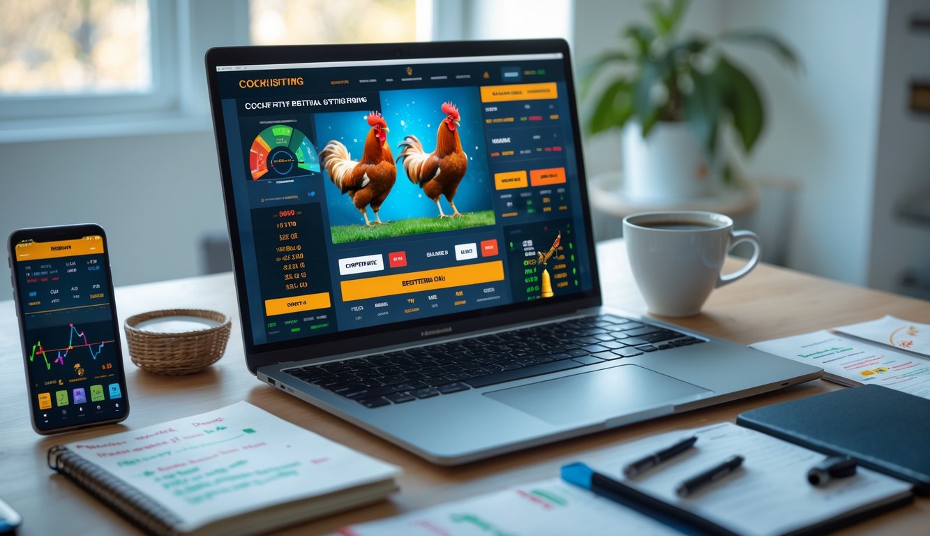 Seorang pria duduk di meja dengan laptop dan ponsel yang menampilkan situs taruhan sabung ayam secara online, dikelilingi oleh secangkir kopi dan catatan strategi.