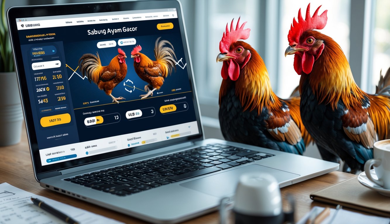 Seorang pria menggunakan laptop dengan gambar sabung ayam di layar, di sampingnya ada dua ayam bertarung dalam gerakan dinamis di meja kerja.