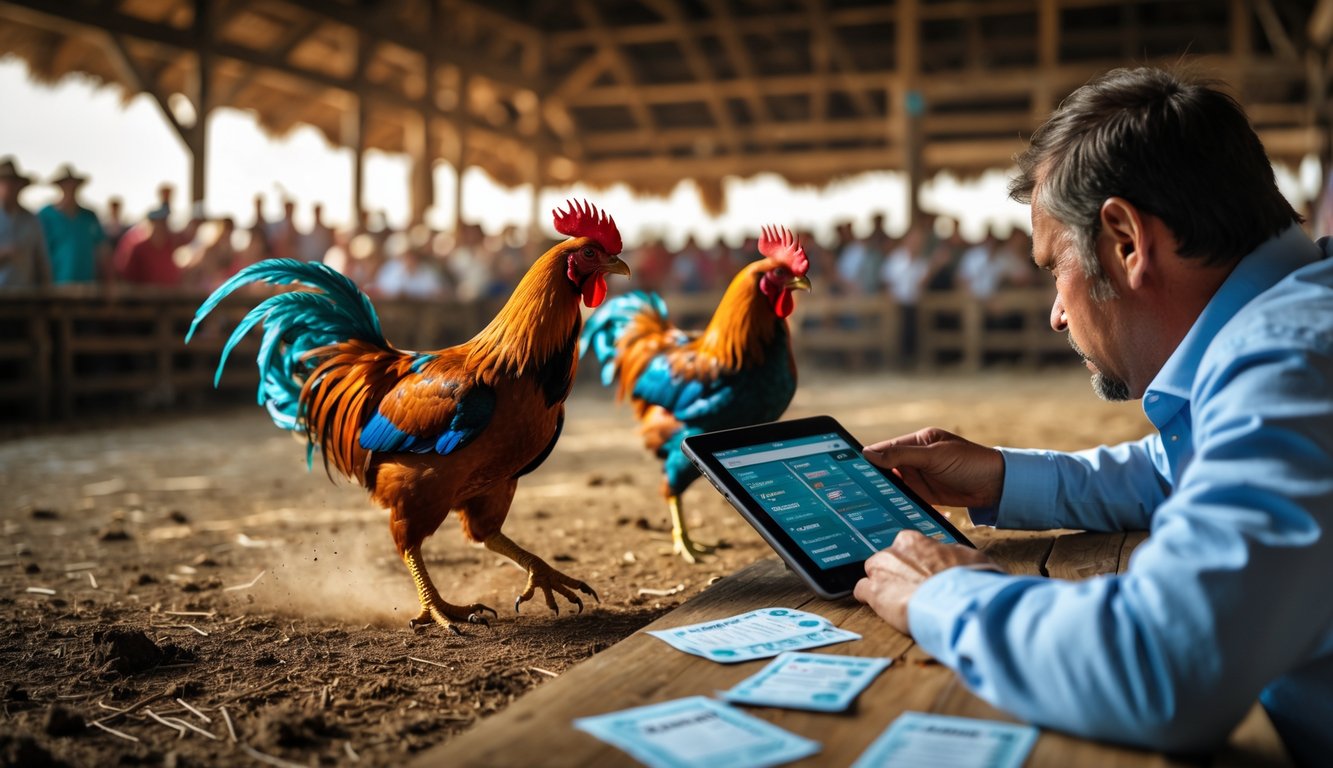 Dua ayam jago sedang bertarung di arena dengan penonton di latar belakang dan seorang petaruh sedang melihat data pada tablet di samping meja kayu.