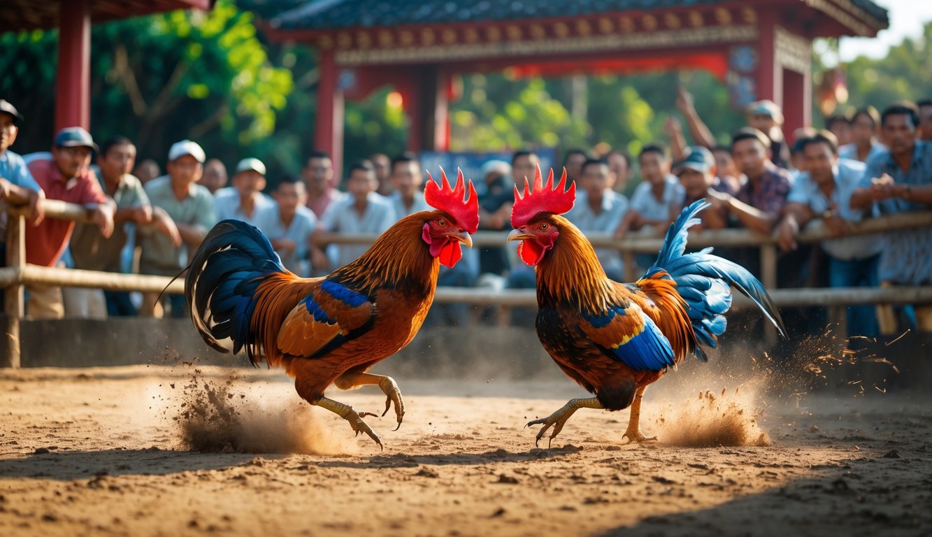 Dua ayam jago sedang bertarung di arena sabung ayam dengan penonton yang antusias di sekelilingnya.