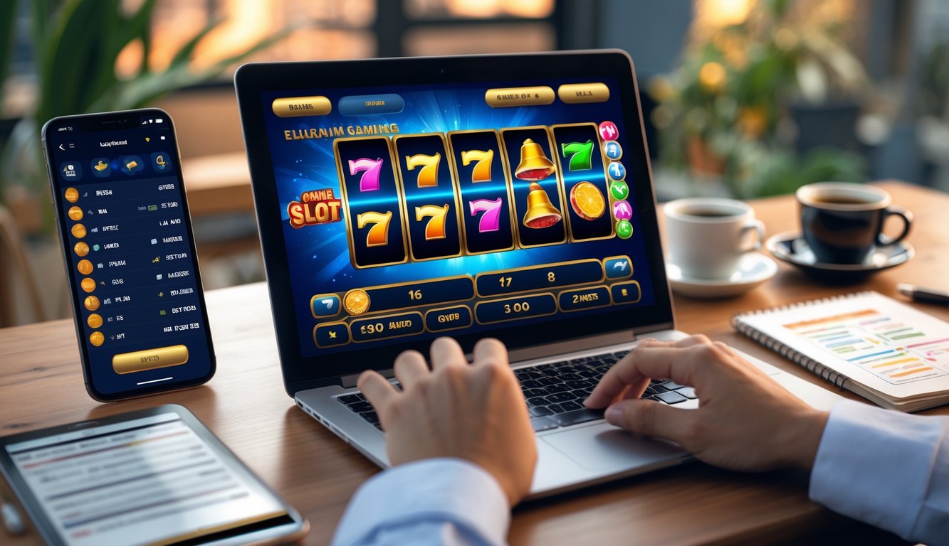Seorang pemain menggunakan laptop untuk bermain judi slot online di meja kerja dengan suasana terang dan rapi.