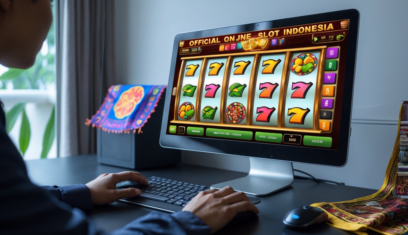 Seorang pemain menggunakan komputer dengan permainan judi slot online resmi yang menampilkan gulungan dan simbol slot di layar.