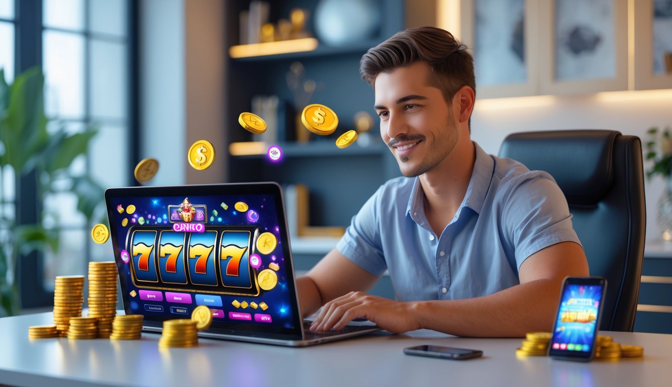 Seorang pria muda duduk di meja dengan laptop yang menampilkan permainan slot online, dikelilingi oleh simbol kasino digital di ruang kerja yang nyaman.