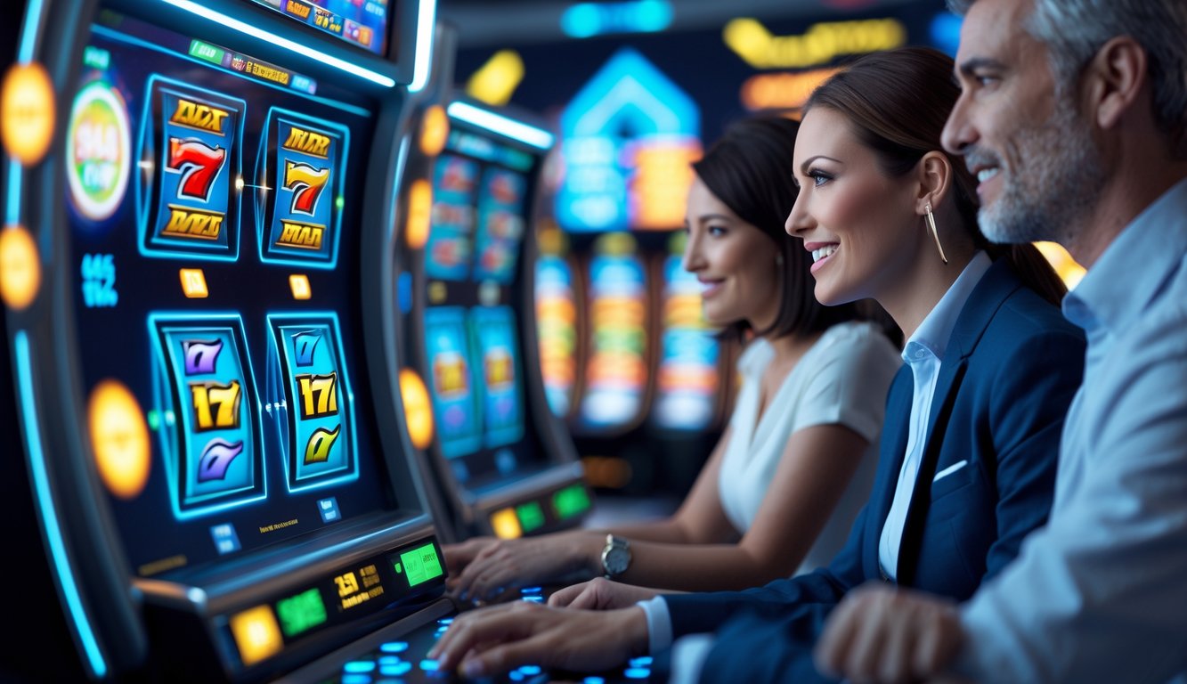 Orang-orang sedang bermain permainan slot online dengan ekspresi fokus dan antusias di depan layar komputer dan ponsel.