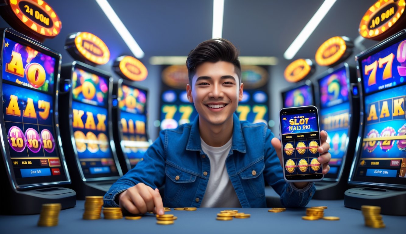Seorang dewasa muda duduk di meja modern dengan beberapa layar slot digital yang menampilkan grafik permainan dan simbol jackpot, tersenyum sambil memegang ponsel yang menunjukkan hasil kemenangan.