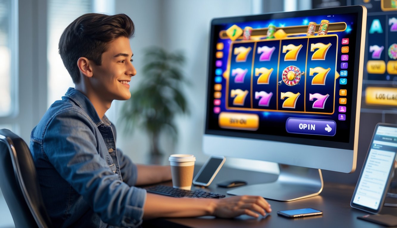 Seorang dewasa muda sedang bermain permainan slot online di depan komputer di sebuah ruangan yang terang.
