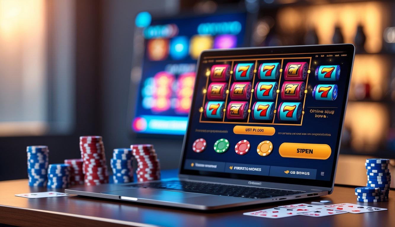 Sebuah laptop di meja kerja dengan tampilan permainan slot online yang berwarna-warni, dikelilingi chip poker dan kartu remi, menciptakan suasana perjudian online yang aman dan menarik.
