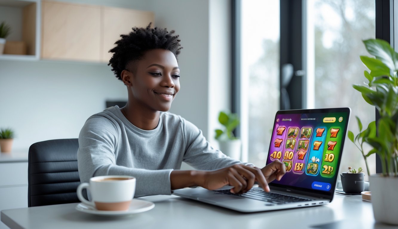 Seorang dewasa muda duduk di meja kerja rumah dengan laptop, bermain permainan slot online dengan ekspresi santai dan percaya diri.