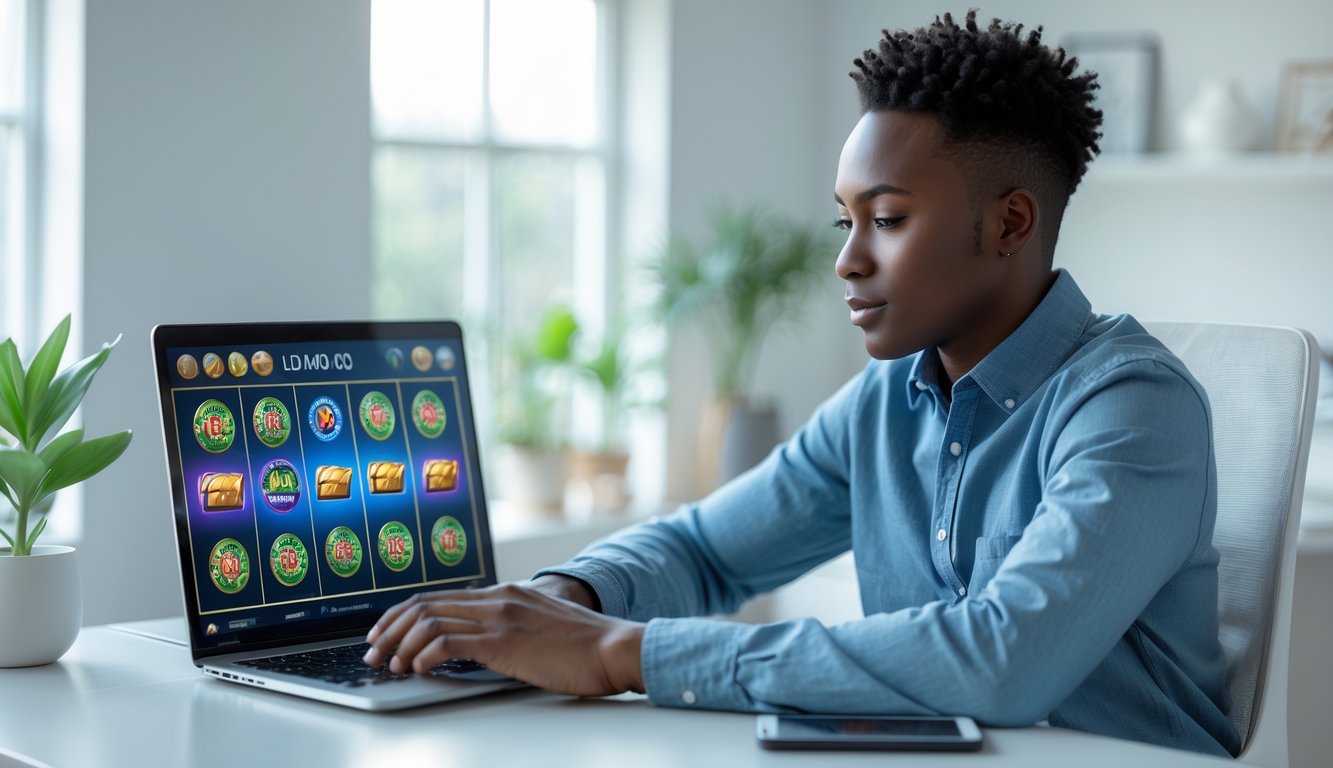 Seorang dewasa muda duduk di meja dengan laptop terbuka, bermain judi slot online di ruang kerja yang terang dan rapi.