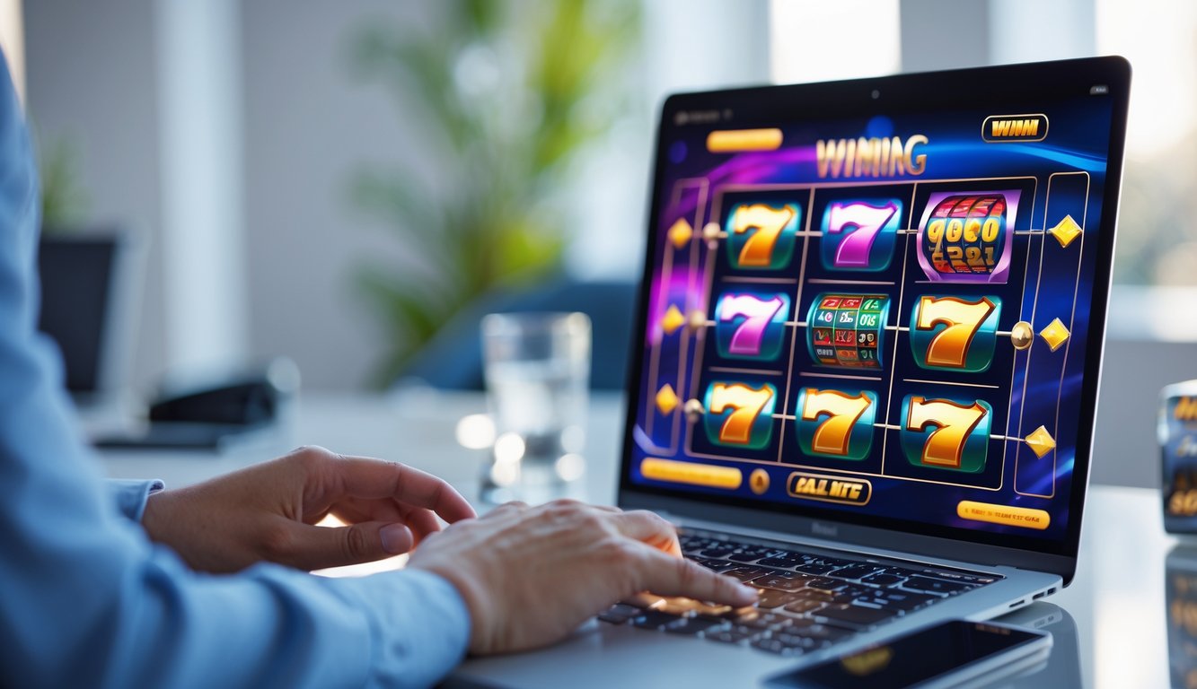Seseorang menggunakan komputer dengan layar menampilkan permainan slot online berwarna-warni di lingkungan kerja yang rapi dan terang.