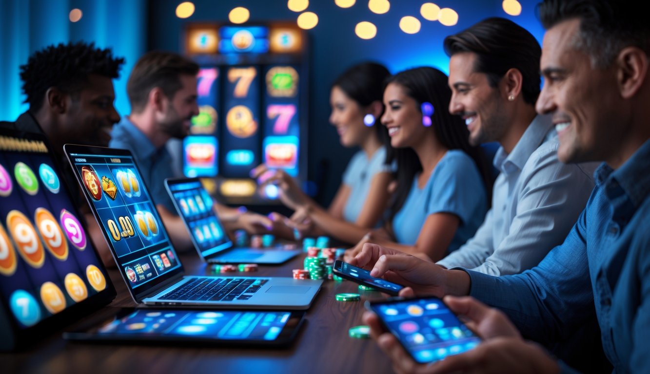 Beberapa orang menggunakan perangkat digital untuk bermain mesin slot online di ruangan yang nyaman dan terang.