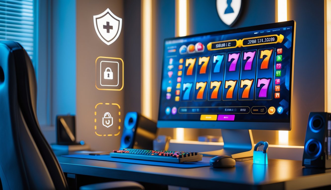 Sebuah ruangan modern dengan komputer menampilkan permainan slot online berwarna-warni dan simbol keamanan di sekitarnya.