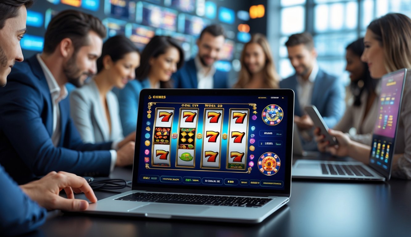 Orang-orang menggunakan perangkat digital dengan tampilan permainan slot online di layar dalam suasana modern yang aman dan profesional.