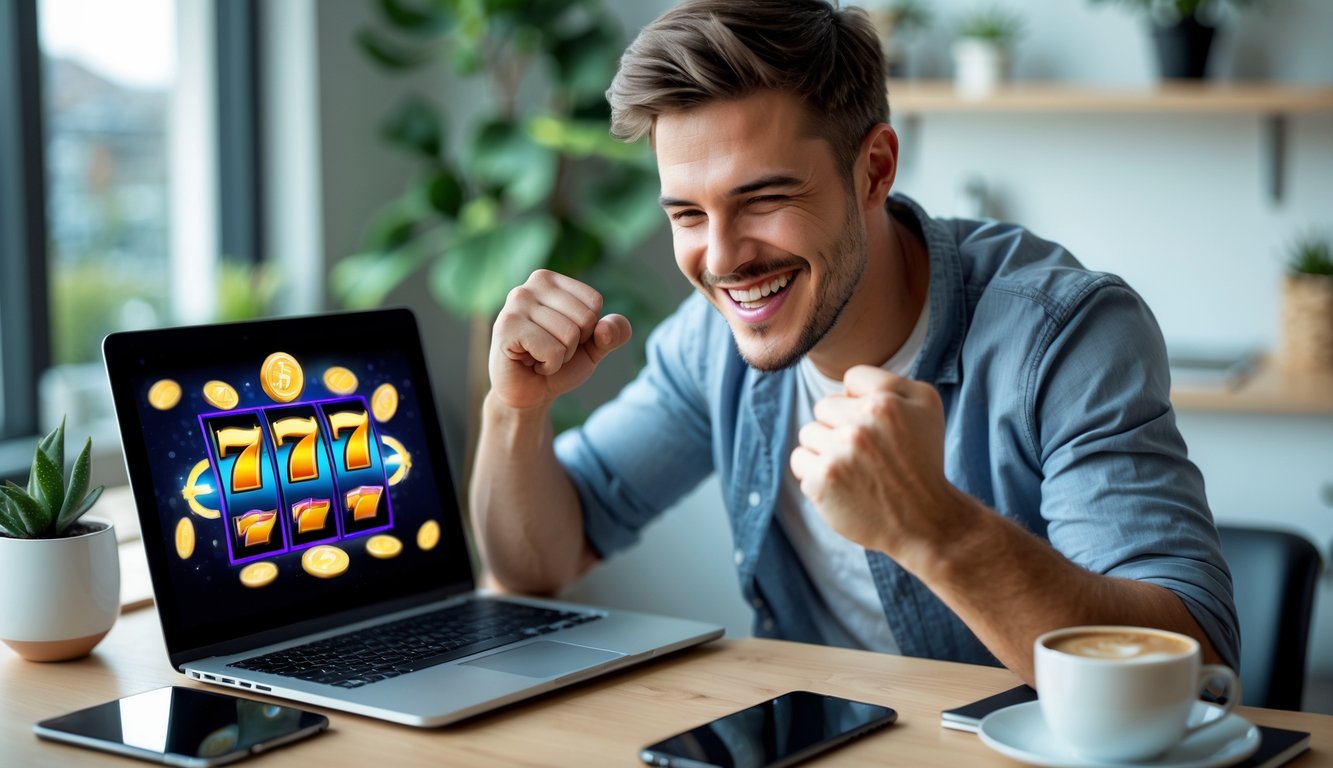Seorang pria muda tersenyum senang saat bermain judi slot online di laptop di ruang kerja rumah yang nyaman.