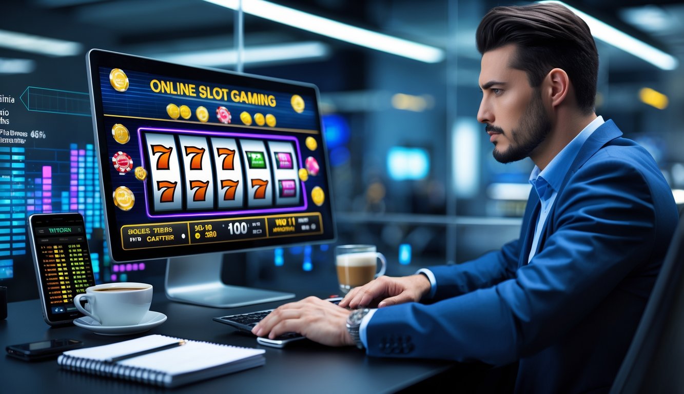 Seorang pria fokus bekerja di depan laptop dengan grafik mesin slot dan catatan strategi di meja di ruang kantor modern.