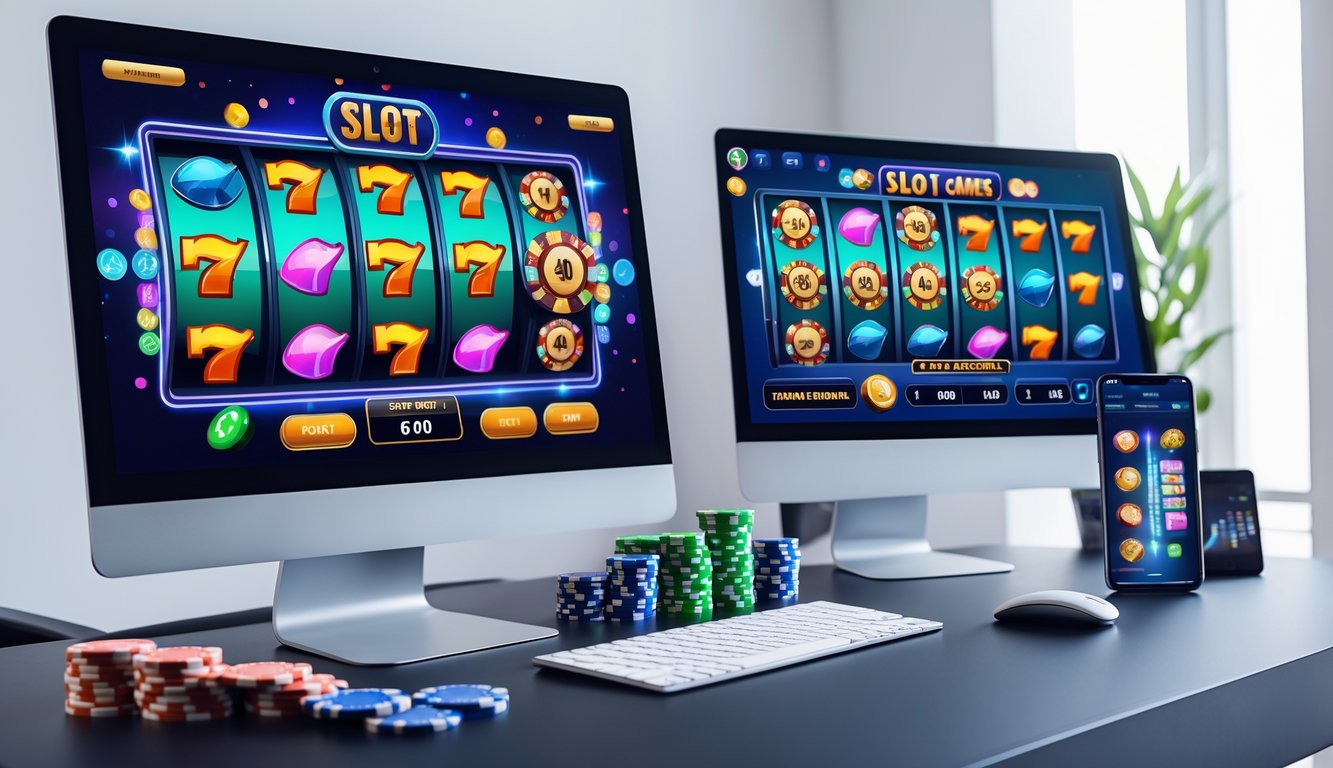 Seorang pengguna sedang bermain judi slot online di komputer dan ponsel dengan latar meja kerja yang rapi dan elemen kasino seperti chip dan kartu.