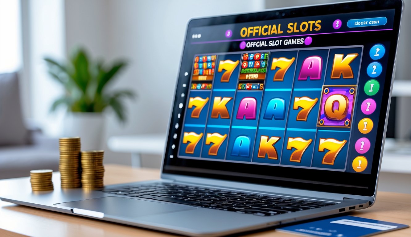 Seseorang menggunakan komputer dengan permainan slot online resmi di layar, dikelilingi oleh koin dan kartu kredit sebagai simbol deposit minimal.