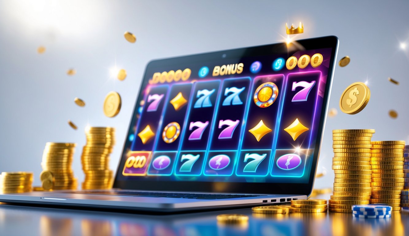 Seseorang menggunakan komputer dengan tampilan permainan slot online yang penuh warna dan simbol kemenangan di layar.