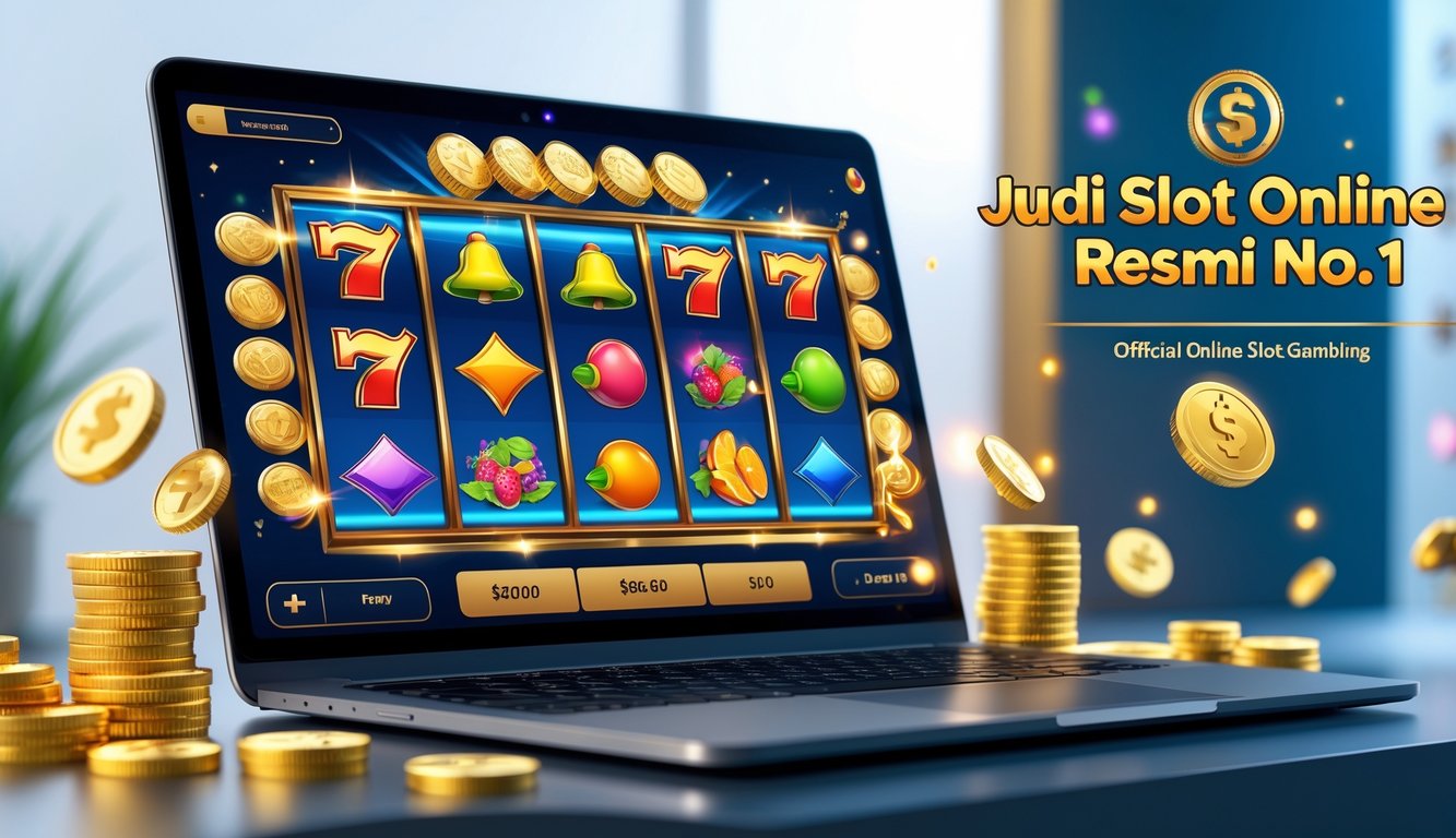 Seorang pengguna bermain mesin slot online di komputer dengan tampilan gulungan berwarna-warni dan simbol kemenangan di layar.