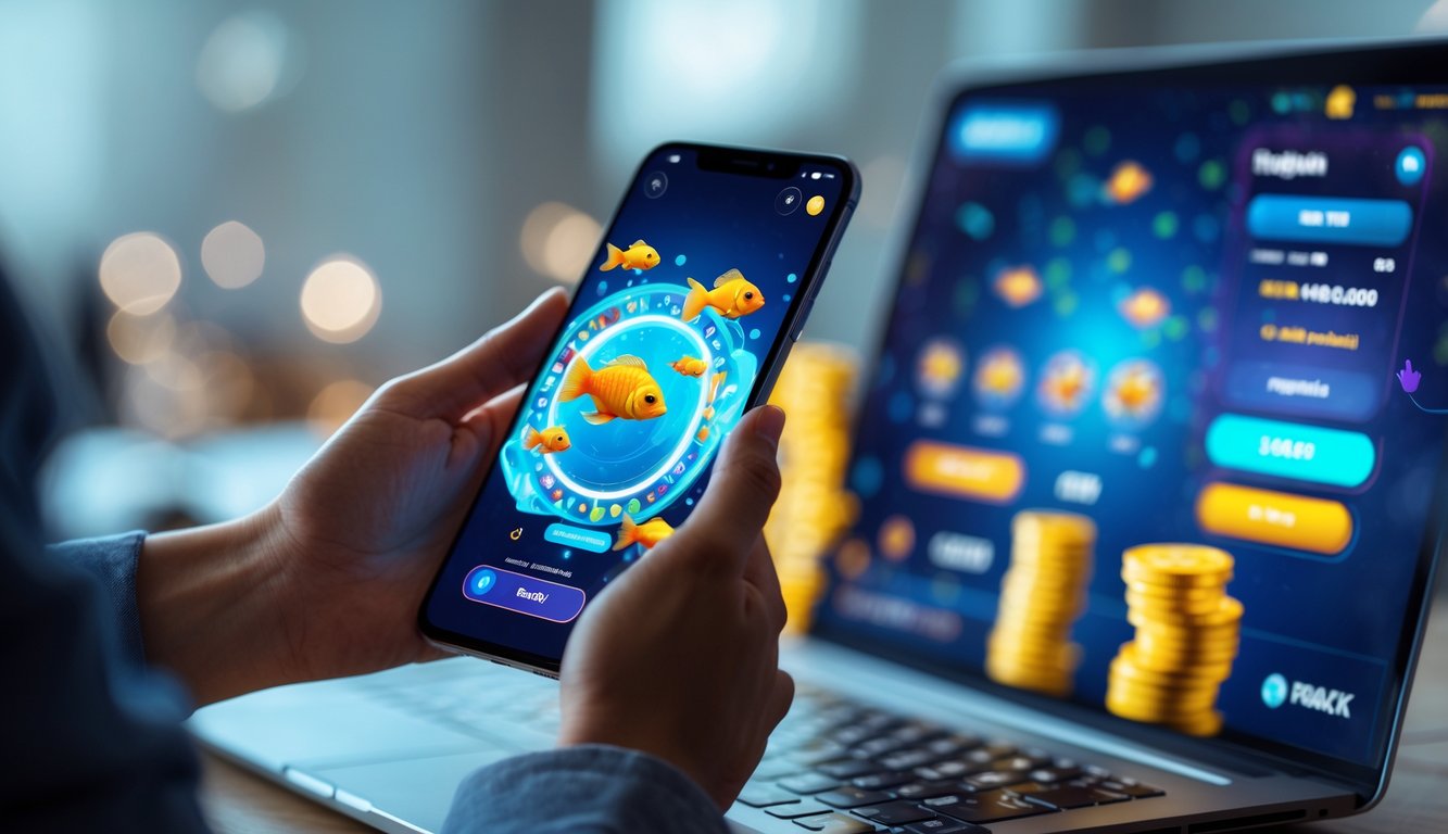 Seseorang memegang ponsel dengan permainan tembak ikan di layar dan laptop dengan aplikasi dompet digital di meja.