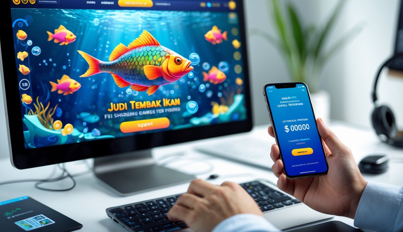 Seseorang menggunakan perangkat digital untuk bermain judi tembak ikan dengan tampilan permainan ikan berwarna-warni dan aplikasi dompet elektronik yang menunjukkan konfirmasi deposit berhasil.
