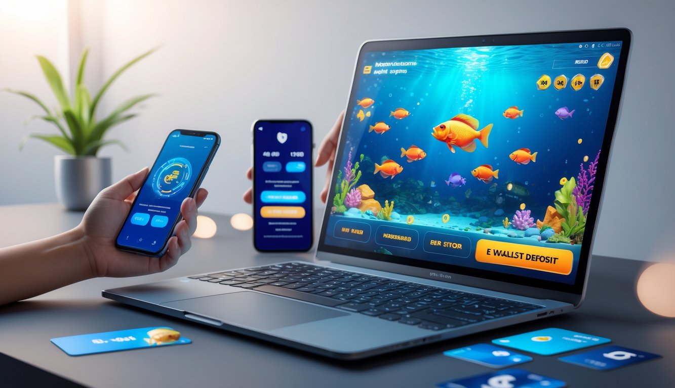Sebuah meja dengan komputer menampilkan permainan tembak ikan online dengan grafik ikan berwarna-warni dan perangkat digital seperti ponsel dengan aplikasi e-wallet di sampingnya.