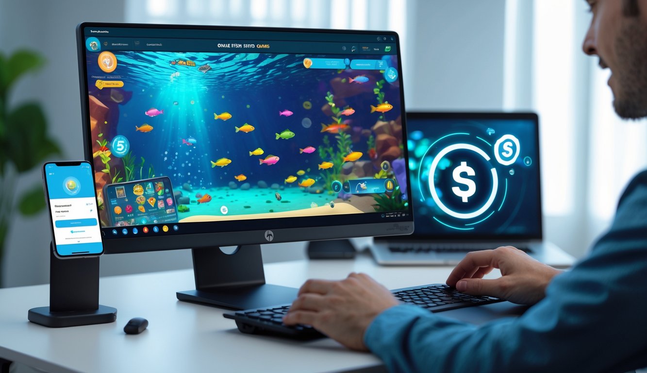 Seorang pengguna sedang bermain permainan tembak ikan online di depan komputer dengan tampilan layar penuh ikan warna-warni dan perangkat digital seperti ponsel dan kartu kredit di meja.