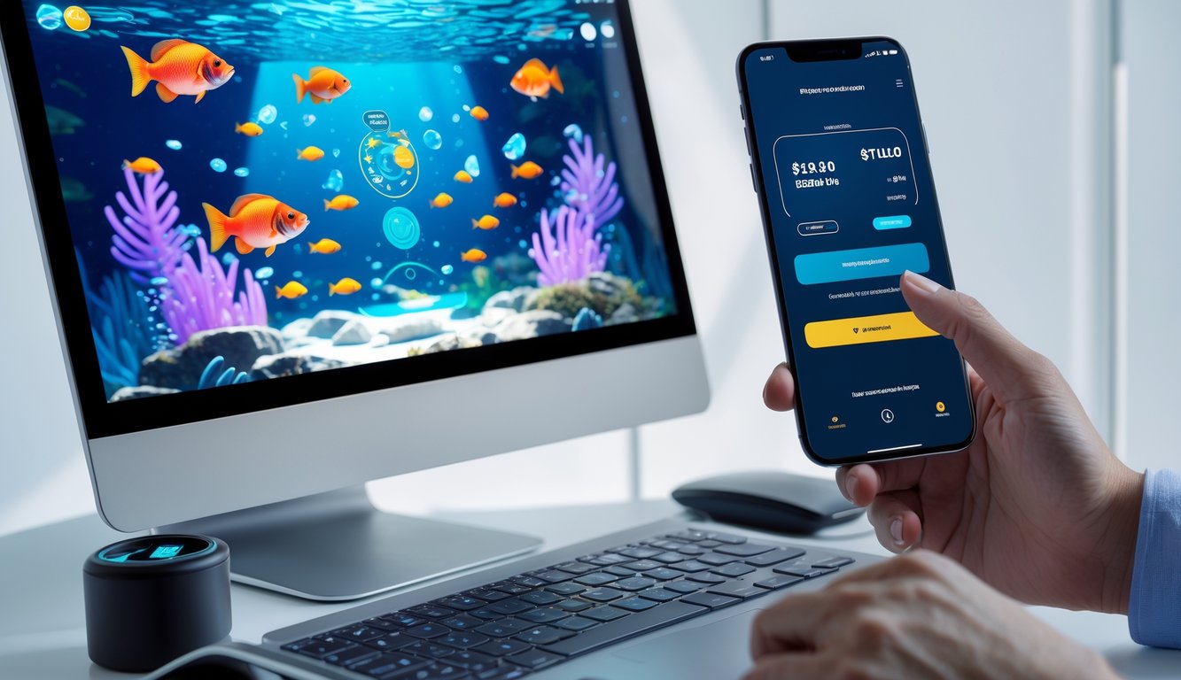 Seseorang menggunakan perangkat digital dengan layar menampilkan permainan tembak ikan dan ponsel yang menunjukkan aplikasi e-wallet.