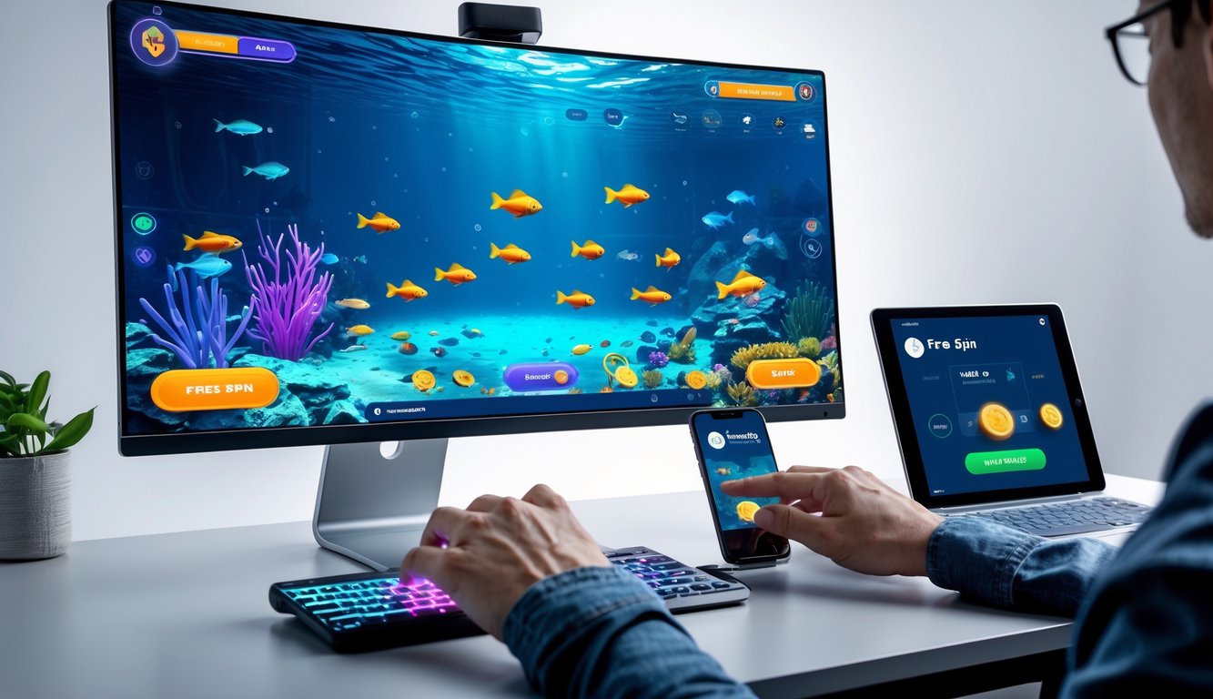 Seorang pemain menggunakan komputer dan ponsel untuk bermain game tembak ikan dengan tampilan ikan berwarna-warni di layar.