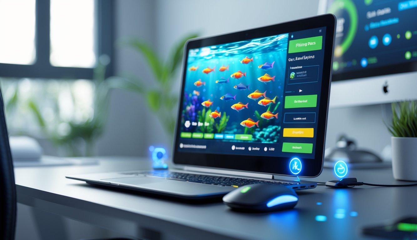 Seorang pengguna bermain game tembak ikan online di komputer dengan layar menunjukkan ikan berwarna-warni dan ikon e-wallet di latar belakang.