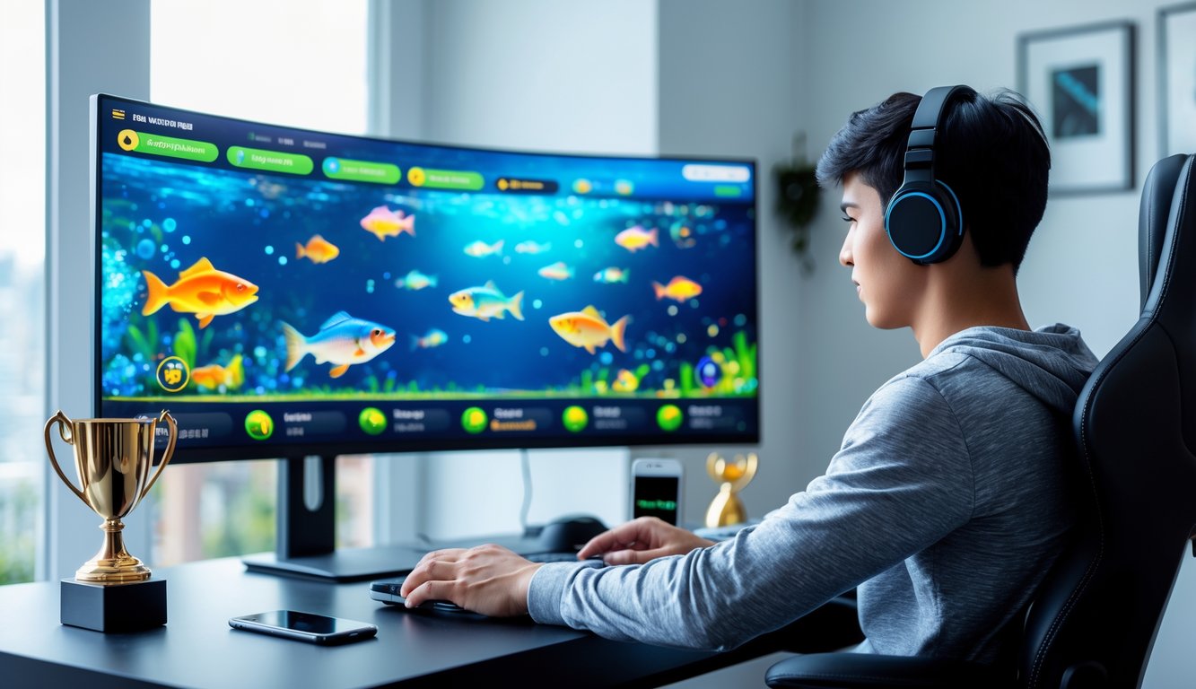 Seorang pria muda duduk di depan komputer sambil bermain game tembak ikan online dengan layar yang menampilkan ikan berwarna-warni dan aplikasi dompet digital di sampingnya.