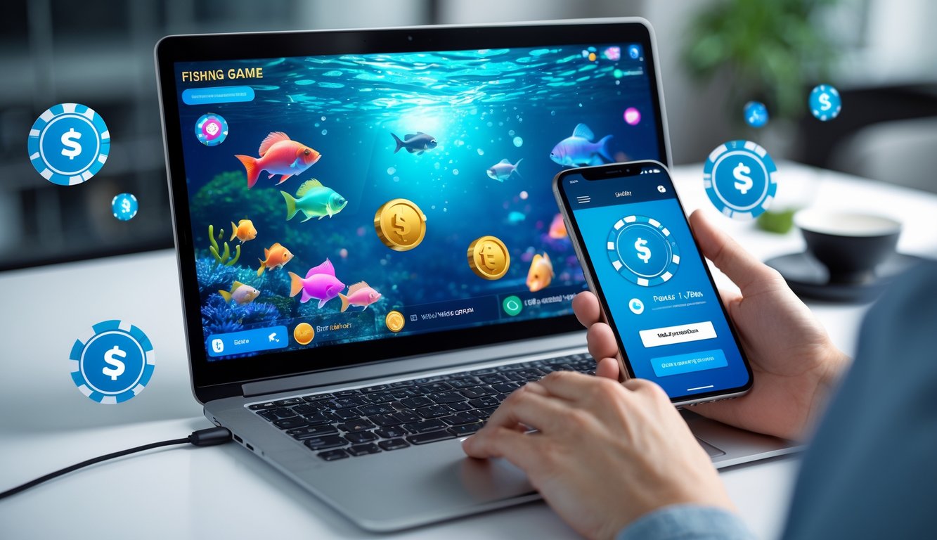 Seseorang menggunakan laptop dan ponsel untuk bermain game tembak ikan online dengan tampilan ikan warna-warni dan ikon jackpot di layar.
