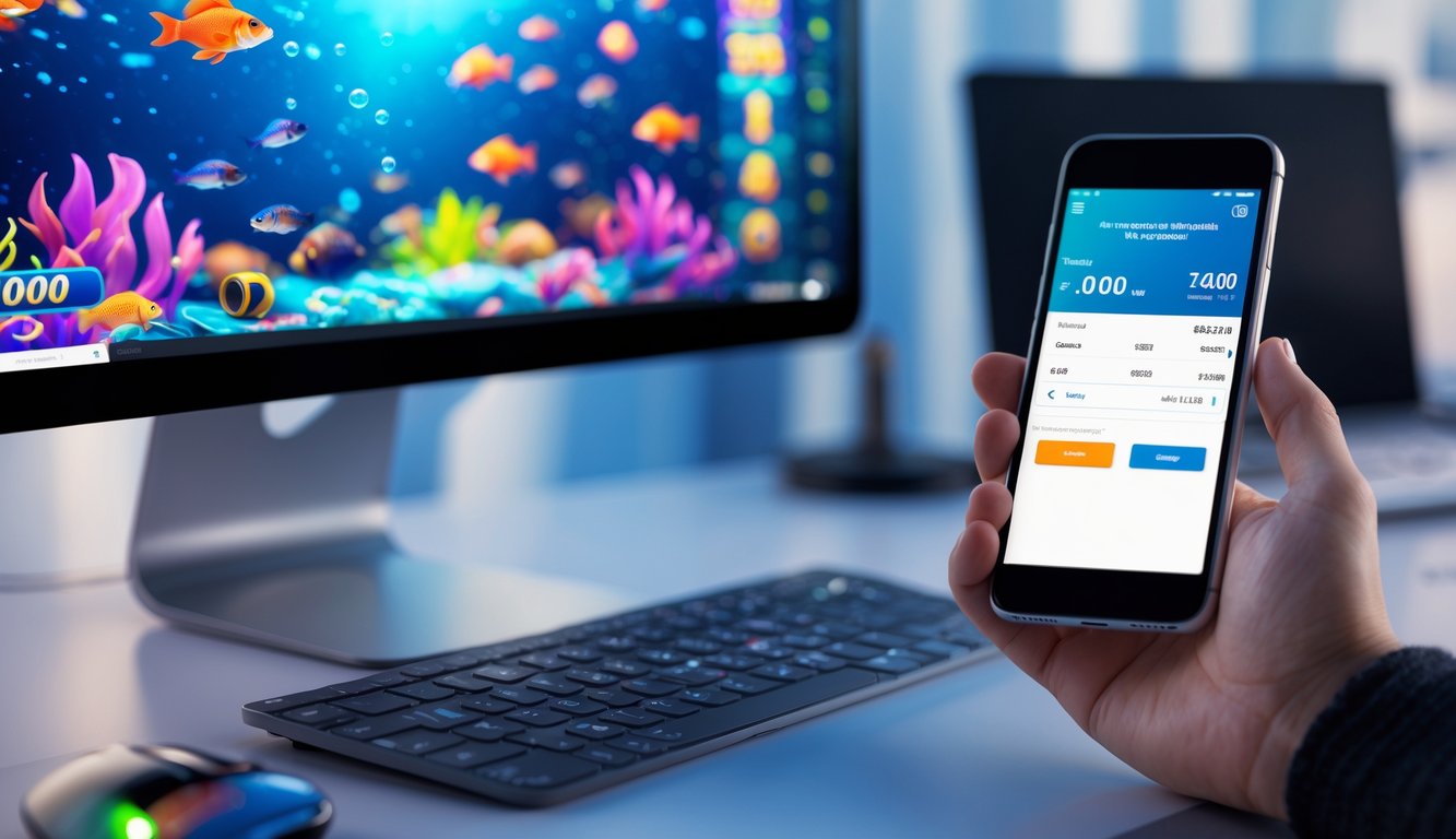 Seseorang sedang bermain game tembak ikan online dengan komputer dan memegang ponsel yang menampilkan aplikasi e-wallet.